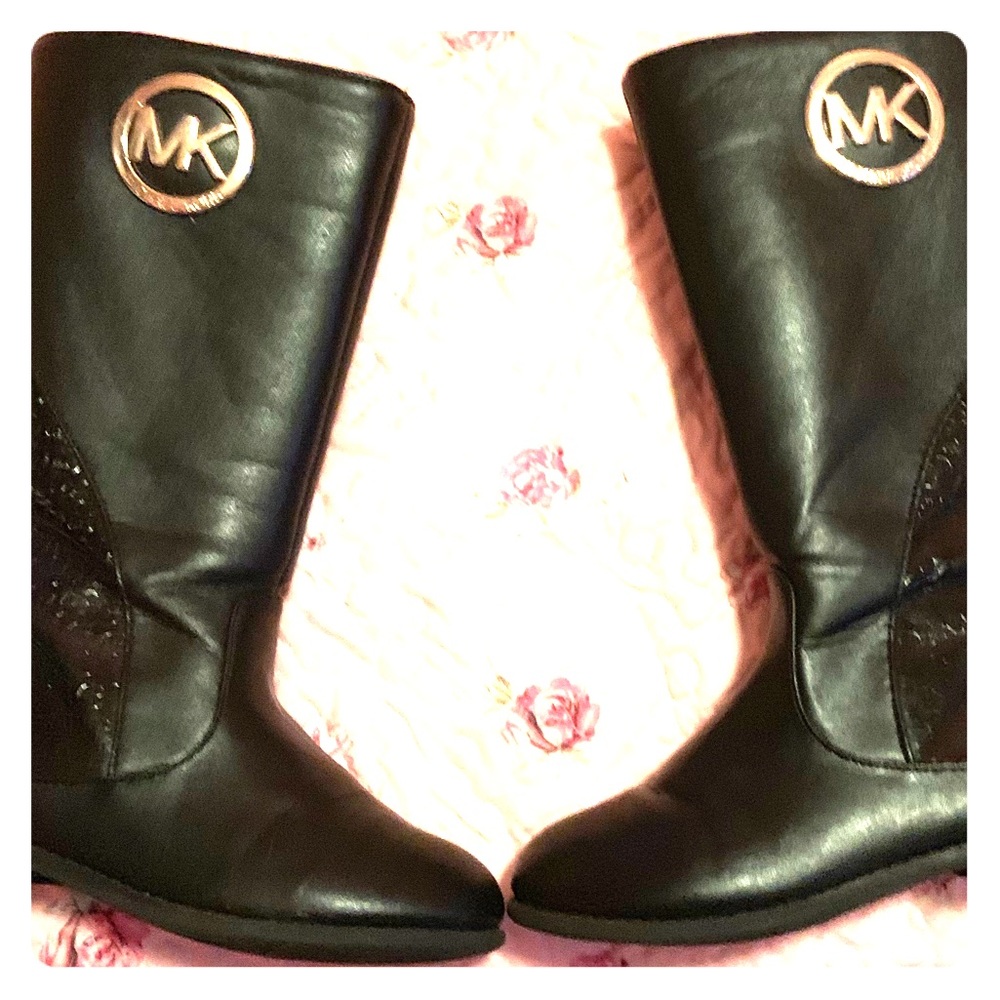 Micheal Kors BLK Leather Boots w/ Gold Logo Sz 11